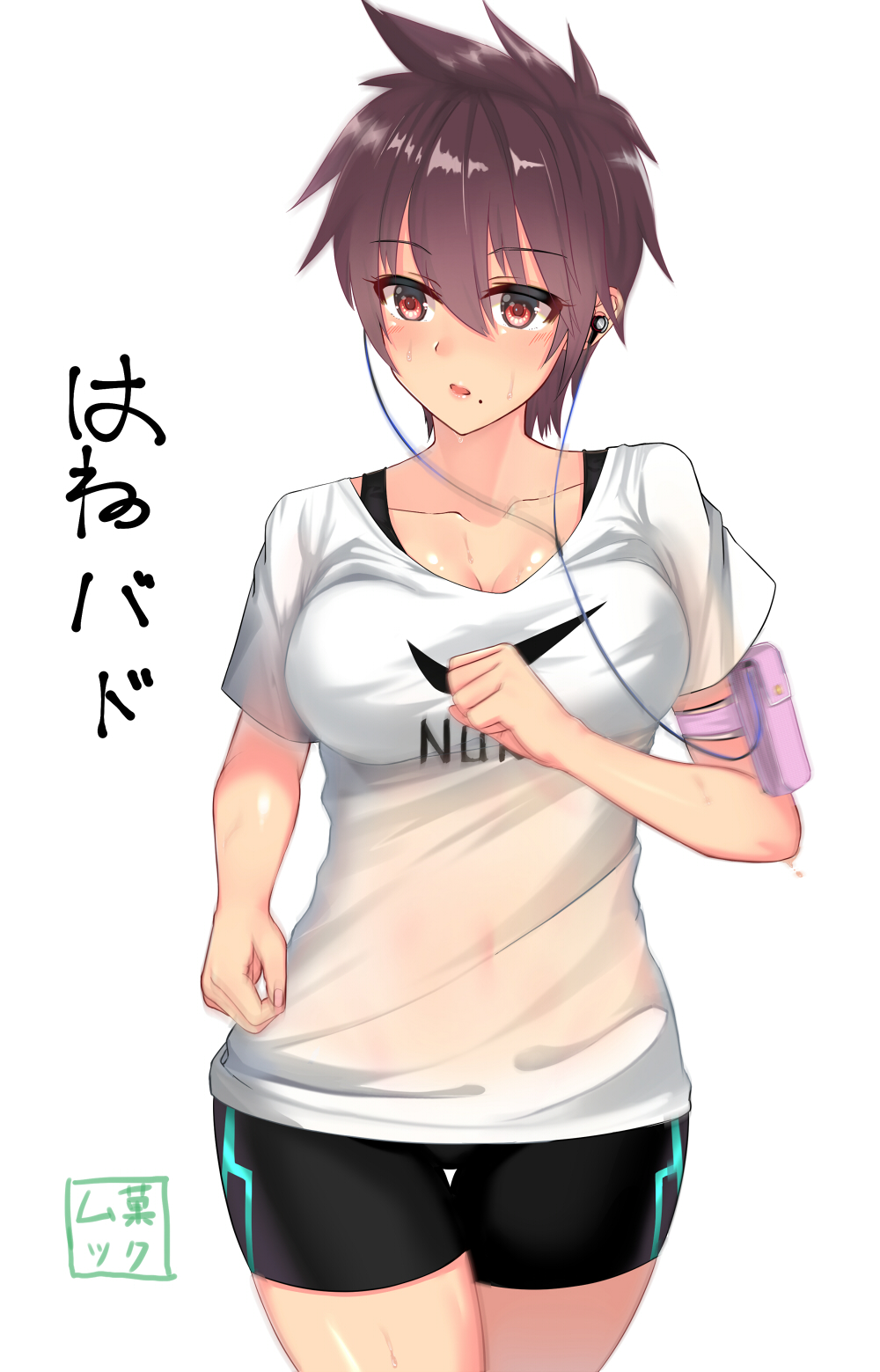 1girl, aragaki_nagisa, black_shorts, blush, brown_hair, collarbone, covered_navel, digital_media_player