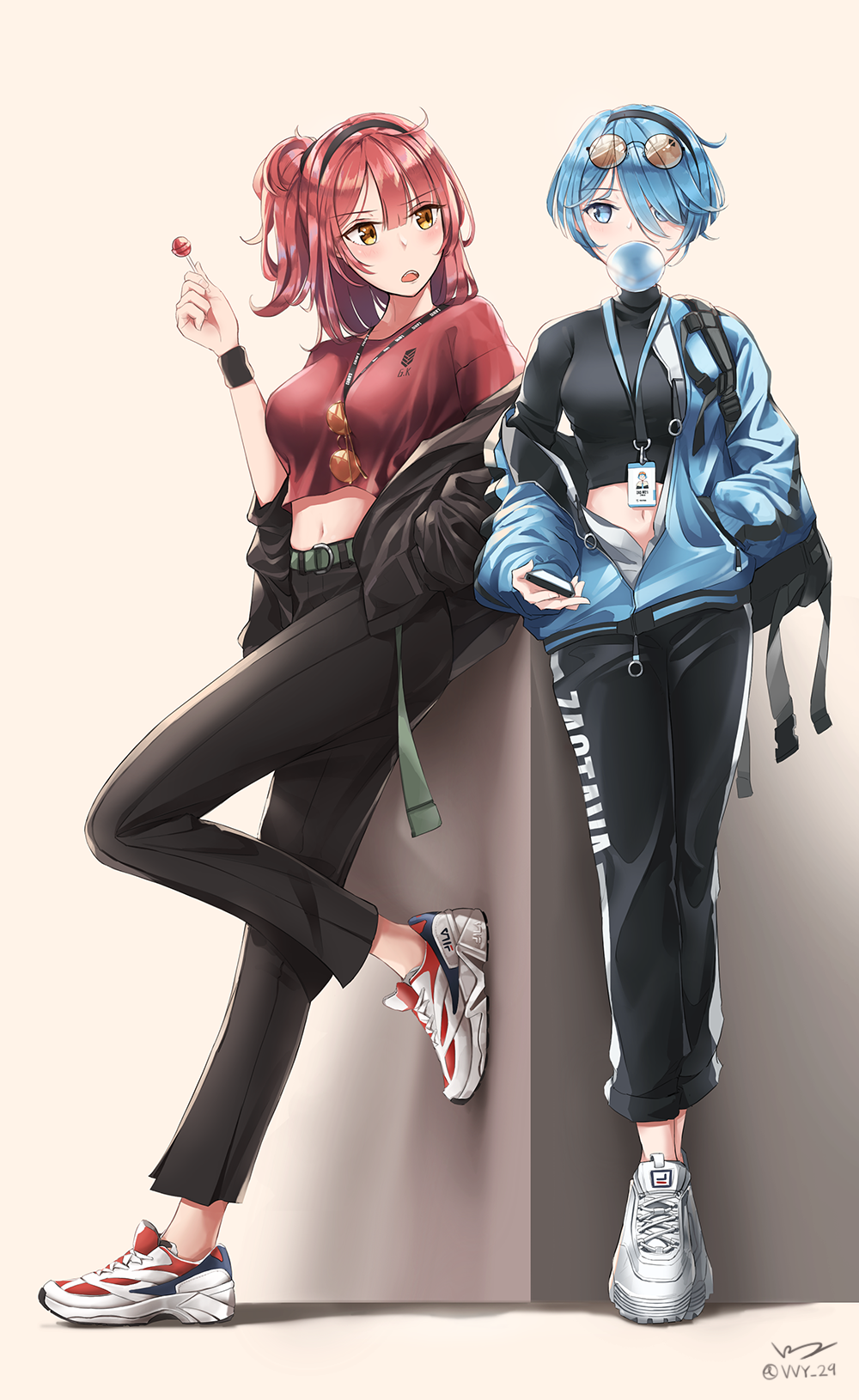 2girls, ahoge, alternate_costume, bangs, belt, black_jacket, black_pants, black_shirt