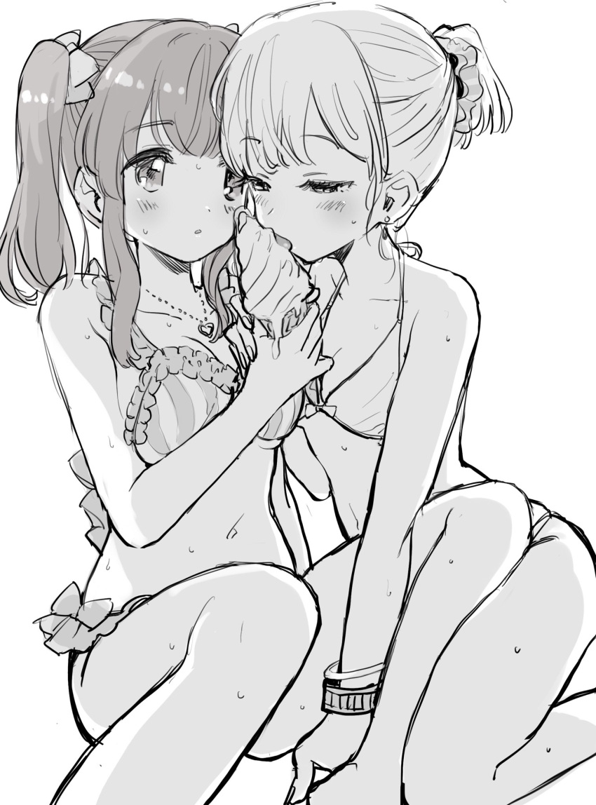 2girls, amezawa_koma, bikini, bikini_day, blush, bow, bracelet, breasts, cleavage, commentary_request, earrings, eating, food, frilled_bikini, frills, hair_bow, hair_ornament, hair_scrunchie, half-closed_eyes, hand_holding, highres, holding, holding_food, hot, ice_cream, ice_cream_cone, jewelry, melting, monochrome, multiple_girls, navel, necklace, original, ponytail, scrunchie, sharing_food, sidelocks, simple_background, sitting, striped, sweat, swimsuit, tongue, tongue_out, twintails, vertical-striped_bikini, vertical_stripes, white_background, yuri