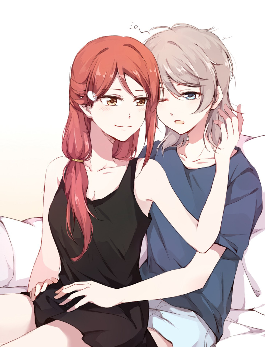 2girls, alternate_costume, alternate_hairstyle, blonde_hair, blue_eyes, blush, breasts, casual