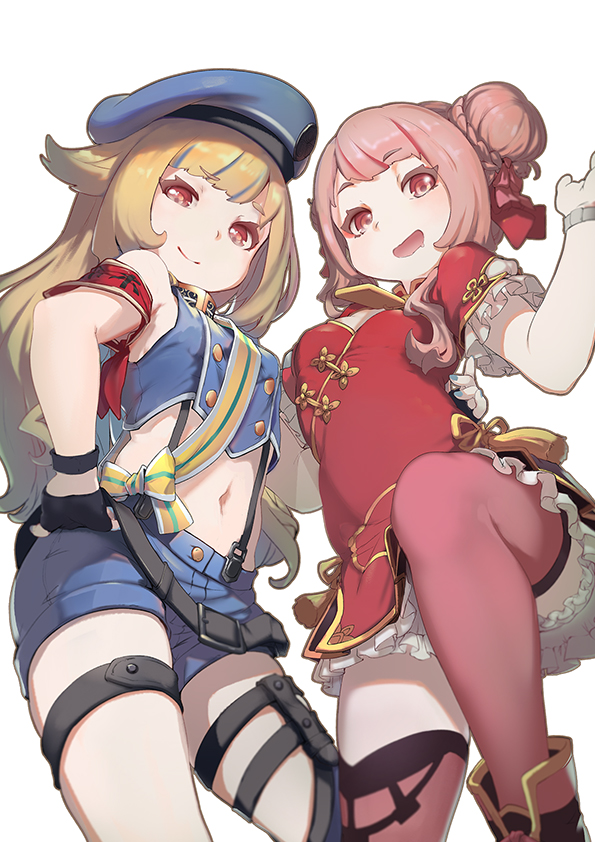 2girls, atk7, bangs, bare_shoulders, belt, black_belt, black_gloves, blonde_hair