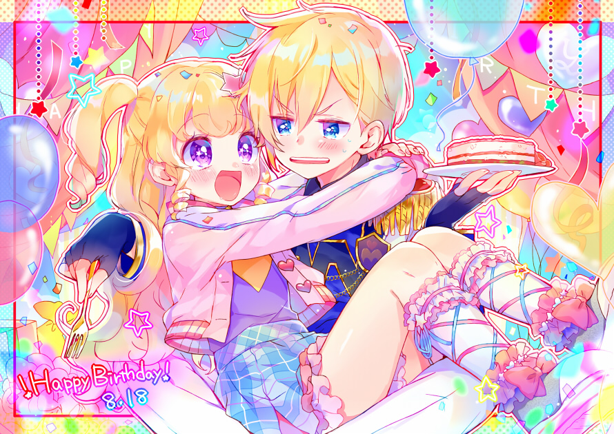 1boy, 1girl, :d, badge, balloon, bangs, blonde_hair, blue_eyes