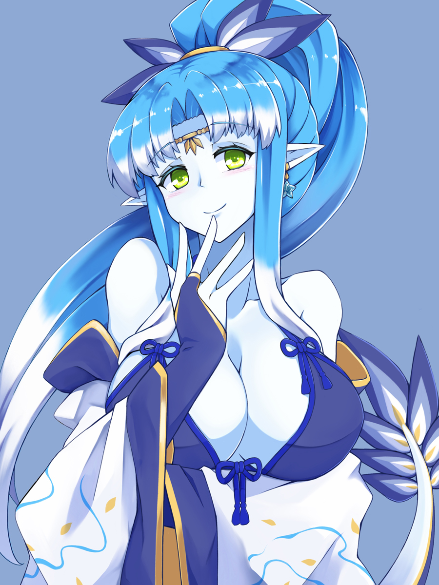 1girl, bikini_top, blue_hair, blush, dragon_tail, fuku_arashi, green_eyes, highres