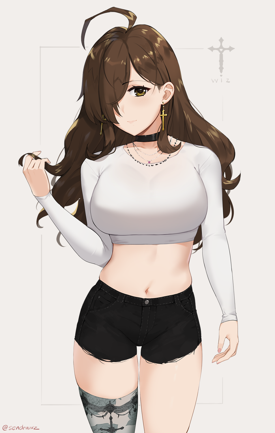 1girl, ahoge, black_shorts, blush, breasts, brown_eyes, brown_hair, character_name