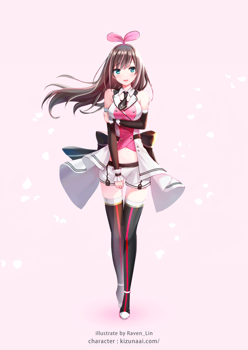 1girl, :d, a.i._channel, absurdres, bangs, black_bow, black_legwear, black_neckwear