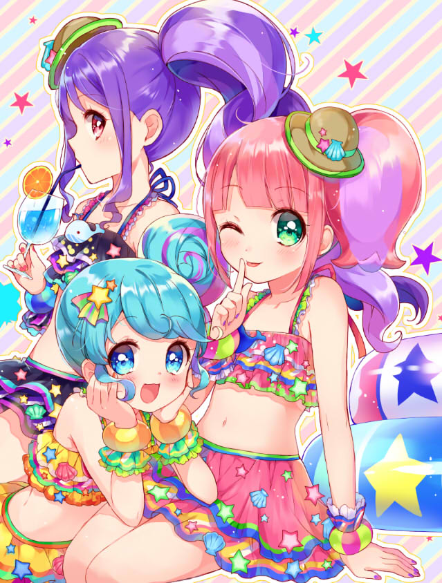 3girls, ;p, aqua_eyes, bangle, bangs, bikini, bikini_skirt, black_bikini