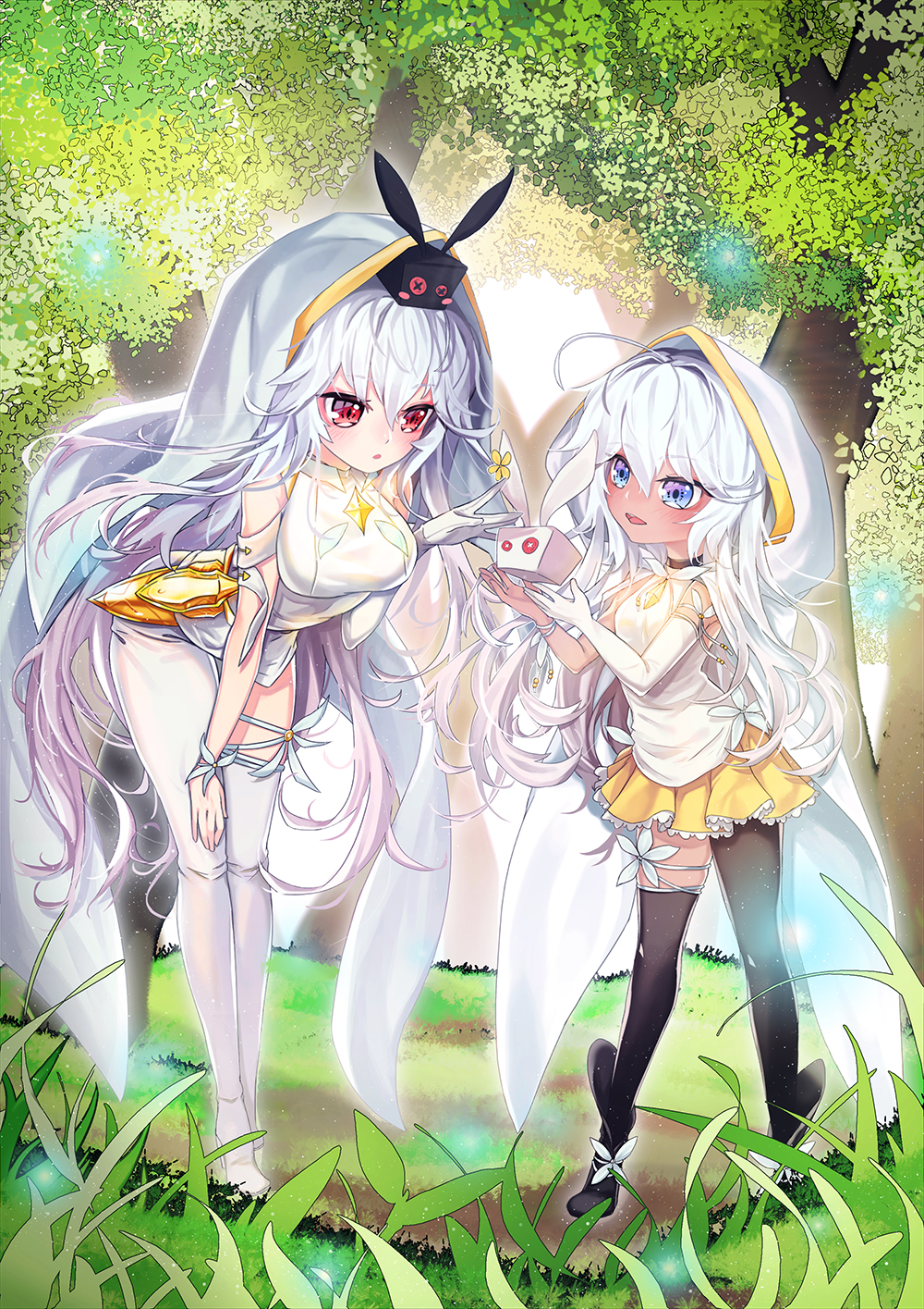 2girls, ahoge, arched_back, asymmetrical_legwear, bangs, bare_shoulders, black_footwear, black_legwear
