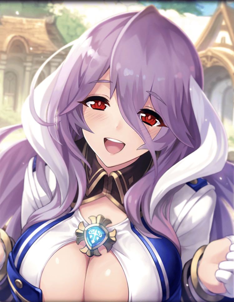 1girl, ancient_killers_(phantom_of_the_kill), artist_request, blush, breasts, cleavage, cleavage_cutout, eyebrows_visible_through_hair, freischutz_(phantom_of_the_kill), gloves, hair_between_eyes, huge_breasts, long_hair, official_art, open_mouth, phantom_of_the_kill, purple_hair, red_eyes, smile