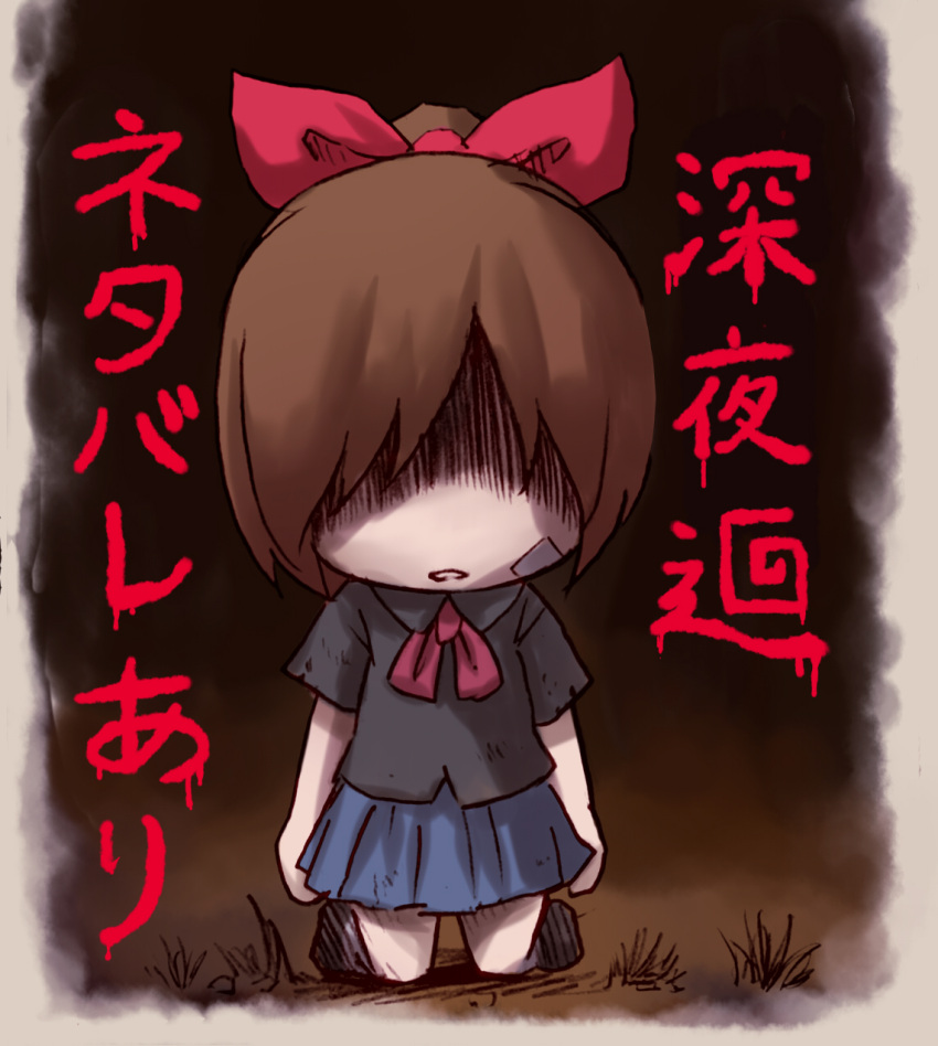 1girl, arinu, bandaid, bandaid_on_face, bow, hair_bow, highres, kneeling