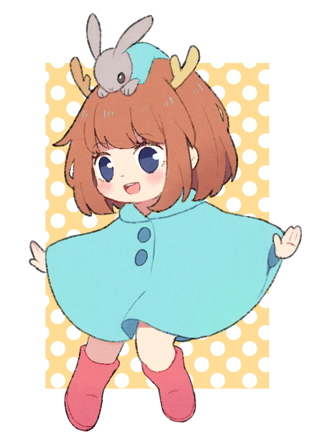 1girl, antlers, bangs, blush, boots, brown_hair, full_body, kano_(singer), murro_mi, open_mouth, original, poncho, rabbit, short_hair, smile, solo