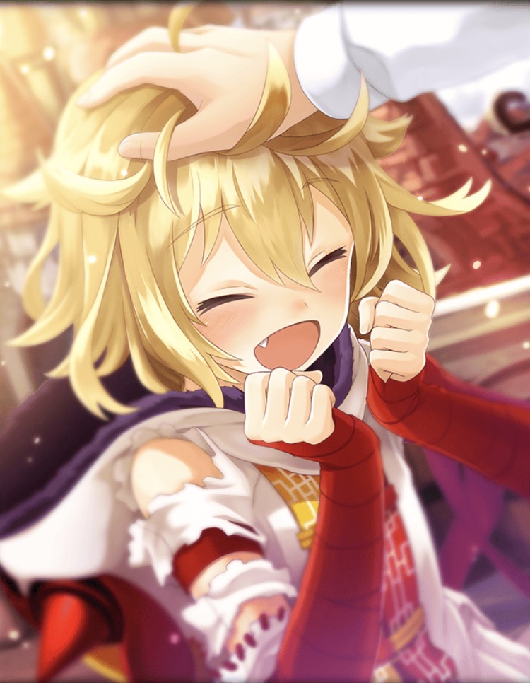 artist_request, blonde_hair, blush, fang, fingerless_gloves, gloves, head_out_of_frame, hood, hoodie, hoodie_dress, official_art, open_mouth, phantom_of_the_kill, red_gloves, short_hair, shu_(phantom_of_the_kill)