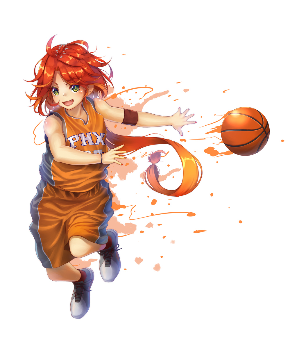 1girl, armband, azur_lane, bare_shoulders, basketball, fang, full_body, green_eyes