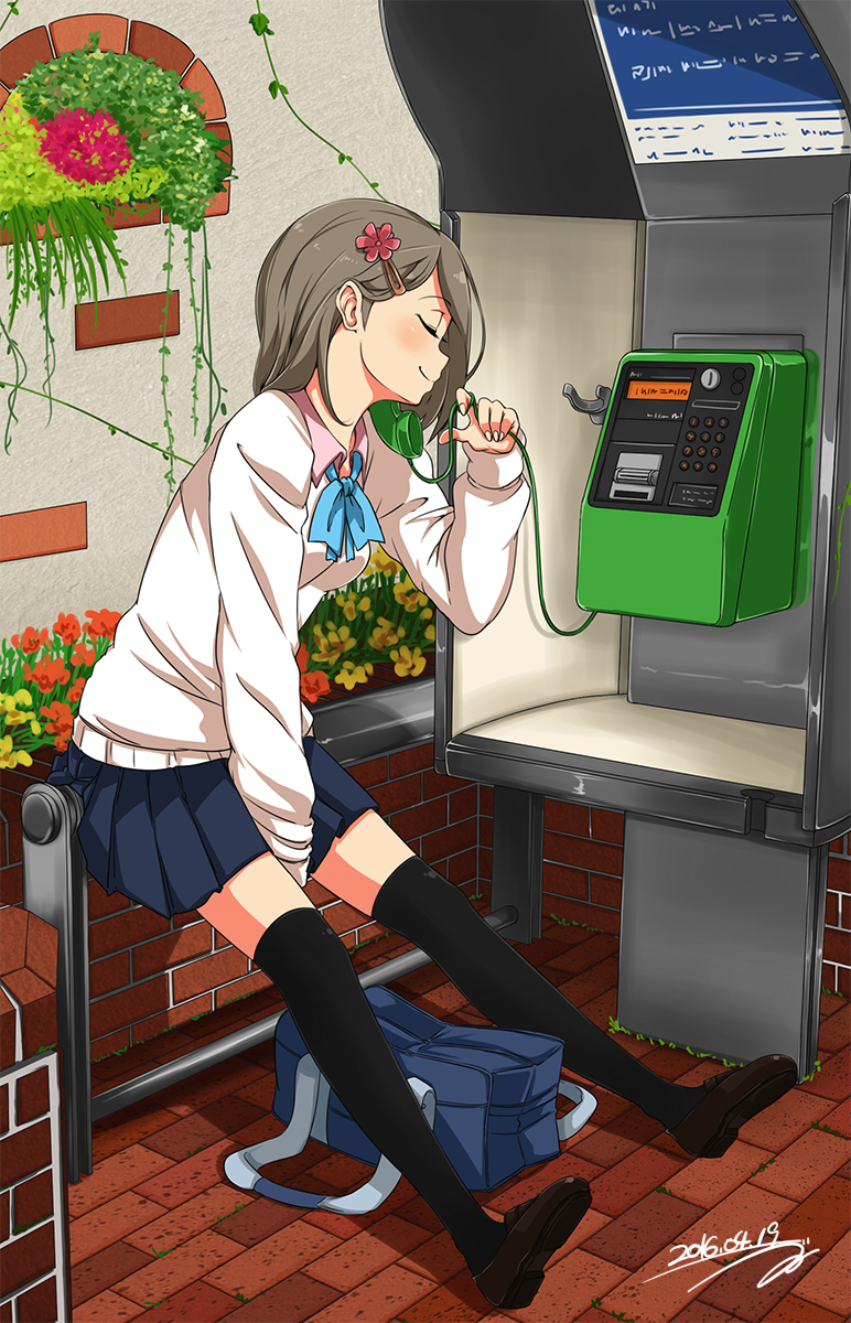 1girl, bag, between_legs, black_legwear, blue_neckwear, blush, bow, bowtie