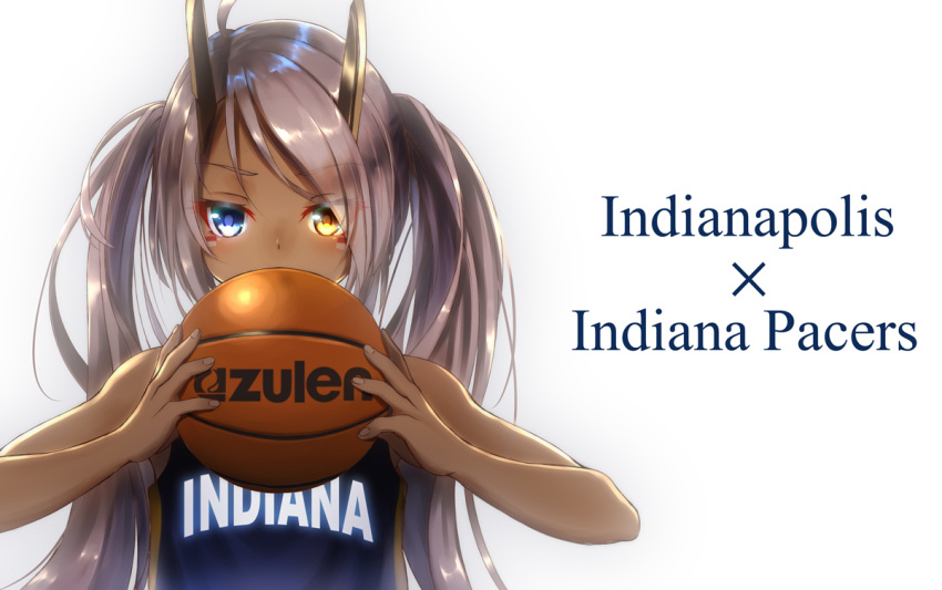 1girl, ball, bare_shoulders, basketball, blue_eyes, english, heterochromia, holding