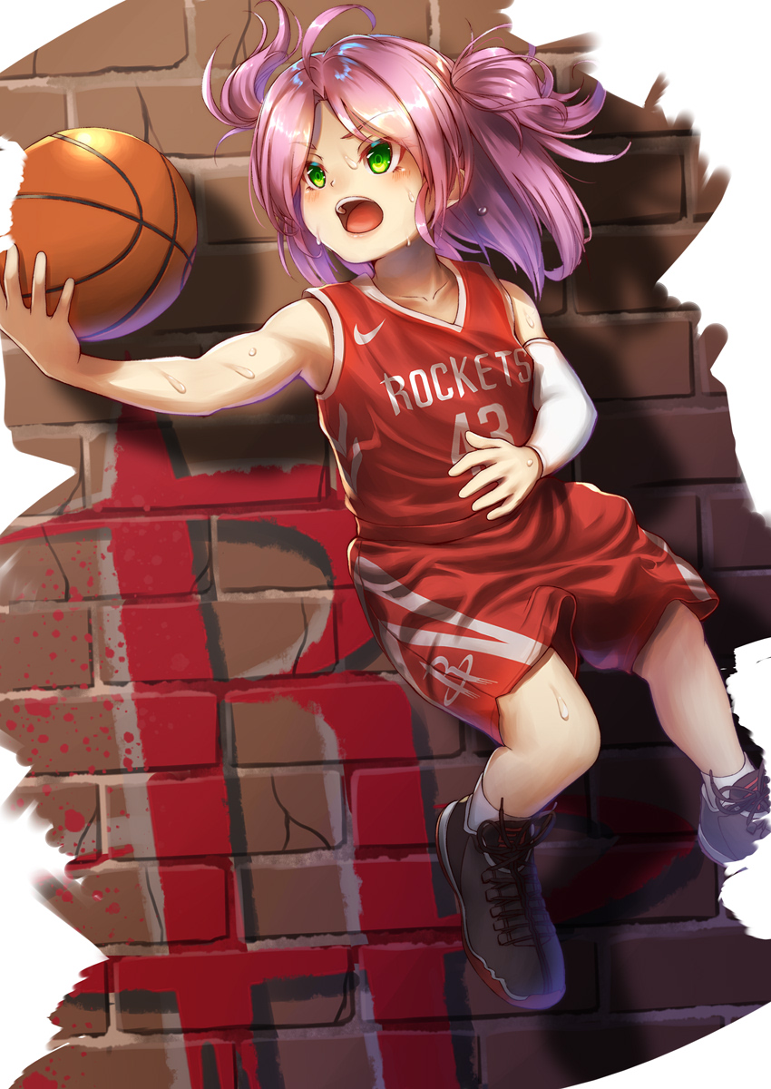 1girl, ahoge, arm_warmers, bangs, bare_shoulders, basketball, brick_wall, green_eyes, highres, houston_(azur_lane), houston_rockets, jersey, jumping, logo, national_basketball_association, nike, open_mouth, parted_bangs, pink_hair, shoes, short_hair, short_twintails, shorts, sleeveless, sneakers, socks, solo, sportswear, sweat, twintails, yakkuro