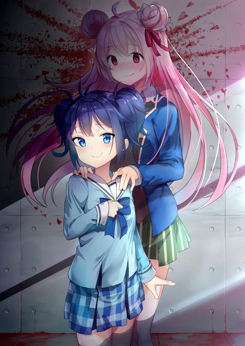 2girls, ahoge, bangs, blazer, blood, blue_eyes, blue_hair, blue_jacket