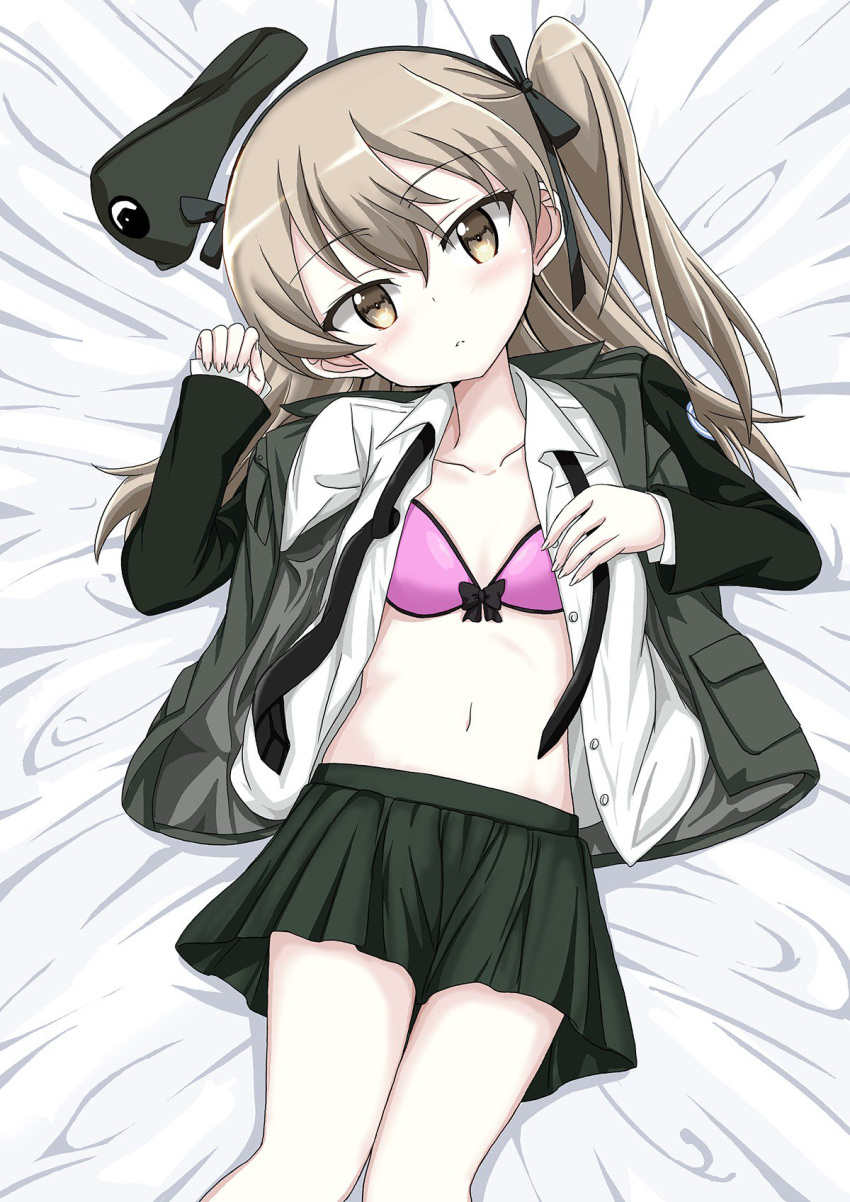 1girl, bangs, bed_sheet, beret, black_hat, black_jacket, black_neckwear, black_ribbon