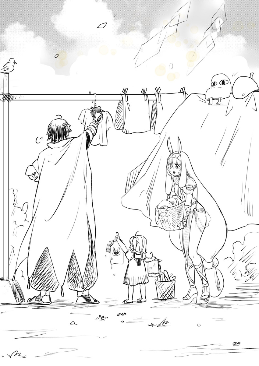 1boy, 2girls, ahoge, animal_ears, bangs, basket, bed_sheet, bird, cape, carrying, carrying_clothes, clouds, commentary_request, drying, drying_clothes, earrings, fate/grand_order, fate_(series), fujimaru_ritsuka_(female), gloves, greyscale, hair_ornament, hair_scrunchie, hairband, high_heels, highres, hoop_earrings, jackal_ears, jewelry, long_hair, medjed, monochrome, multiple_girls, nitocris_(fate/grand_order), open_mouth, outdoors, ozymandias_(fate), red003, sandals, scrunchie, short_hair, short_sleeves, sidelocks, sky, translation_request, twitter_username, very_long_hair, wet, wet_clothes