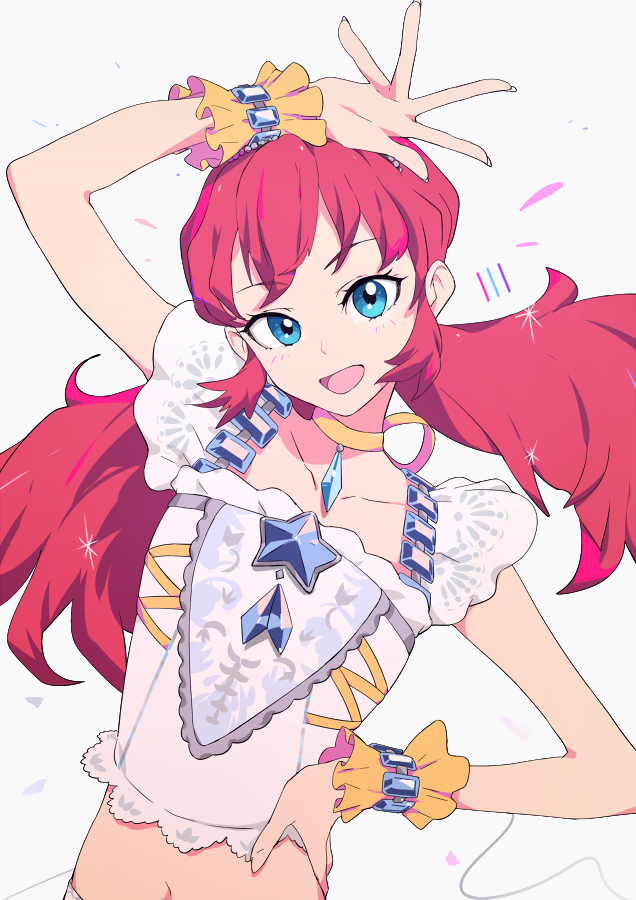 1girl, :d, aikatsu!_(series), aikatsu_friends!, asuka_mirai_(aikatsu_friends!), blue_eyes, hand_on_hip, long_hair