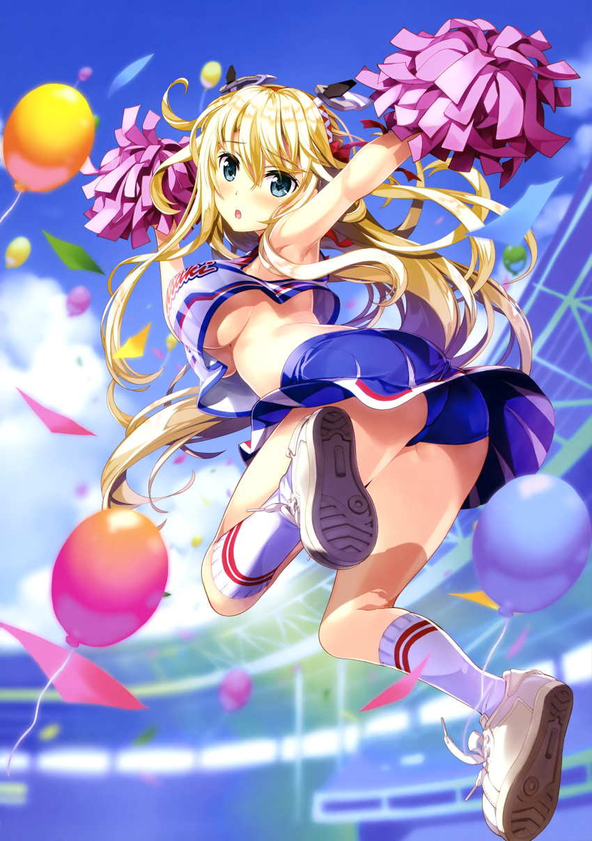 1girl, :o, absurdres, airborne, armpits, arms_up, ass, balloon