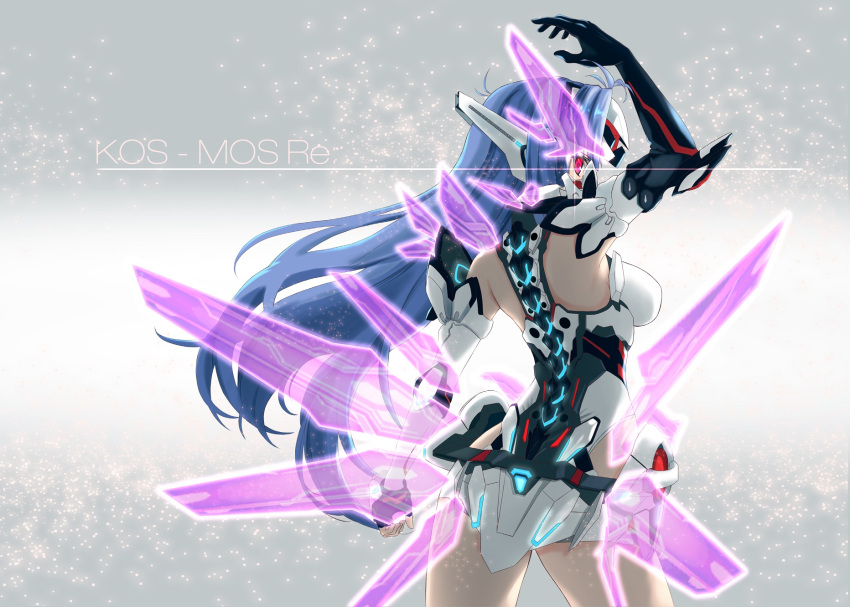 1girl, android, ass, blue_hair, breasts, character_name, dong_zhi_qiong, elbow_gloves, fingerless_gloves, forehead_protector, from_behind, gloves, glowing, glowing_eye, highres, kos-mos, kos-mos_re:, leotard, long_hair, looking_at_viewer, looking_back, medium_breasts, red_eyes, single_fingerless_glove, solo, very_long_hair, white_leotard, xenoblade_(series), xenoblade_2, xenosaga
