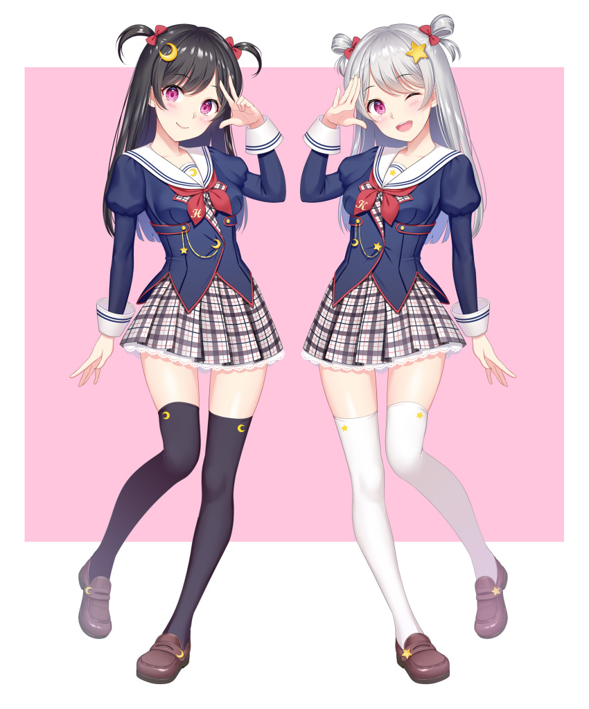 2girls, bangs, black_hair, black_legwear, blazer, blush, bow, breasts, buttons, checkered, checkered_skirt, closed_mouth, collarbone, commentary_request, crescent, crescent_hair_ornament, crescent_moon_print, detached_sleeves, eyebrows_visible_through_hair, full_body, hair_bow, hair_ornament, highres, jacket, lips, loafers, long_hair, long_sleeves, looking_at_viewer, medium_breasts, moon_(ornament), moon_print, multiple_girls, one_eye_closed, open_mouth, original, pleated_skirt, puffy_sleeves, sailor_collar, school_uniform, serafuku, shimashima08123, shiny, shiny_hair, shoes, silver_hair, simple_background, skirt, smile, star, star_hair_ornament, star_print, thigh-highs, violet_eyes, white_legwear, zettai_ryouiki
