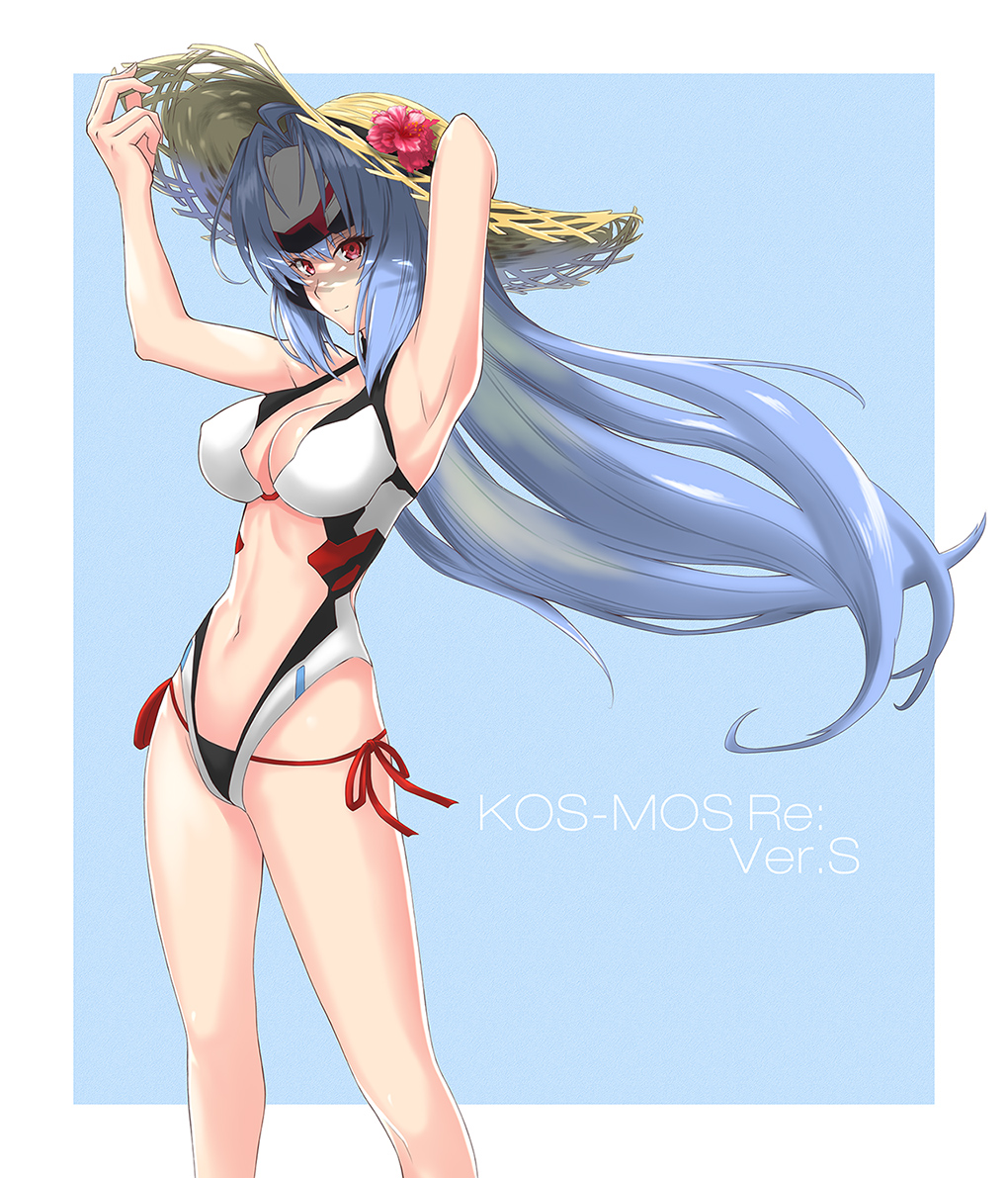 1girl, android, bandai, bandai-namco_entertainment, bikini, blue_hair, breasts, character_name