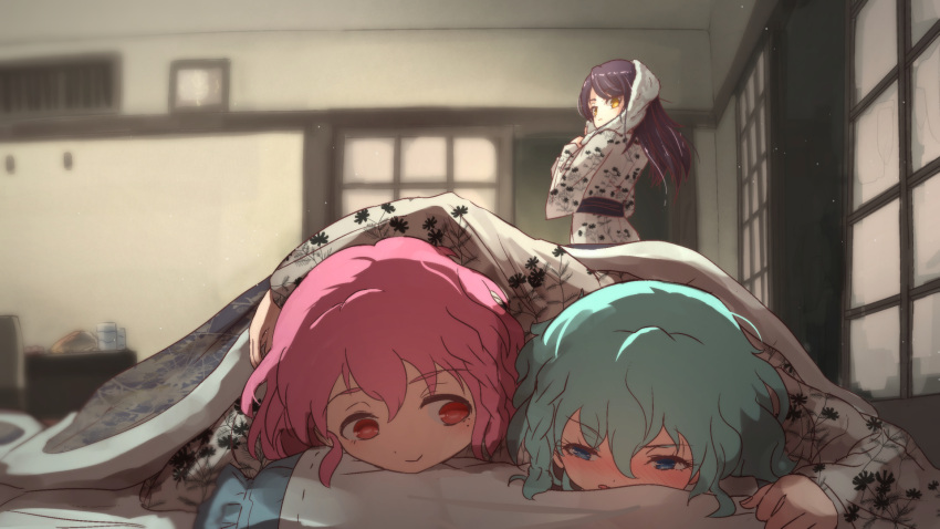 1boy, 2girls, aqua_hair, arm_around_shoulder, bath_yukata, blue_eyes, blurry, blurry_background, blush, braid, commentary_request, dorothy_west, hair_down, highres, japanese_clothes, kimono, leona_west, long_hair, long_sleeves, lying, mole, mole_under_eye, multiple_girls, on_stomach, picture_frame, pillow, pink_eyes, pink_hair, pripara, ru-wichi, ryokan, shared_blanket, short_hair, side_braid, smile, toudou_shion, towel, towel_on_head, trap, under_covers, violet_eyes, yellow_eyes, yukata