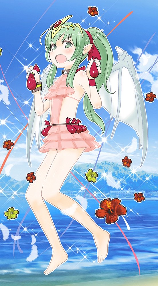 1girl, bare_shoulders, barefoot, blue_sky, chiki, clouds, day, dragon_wings
