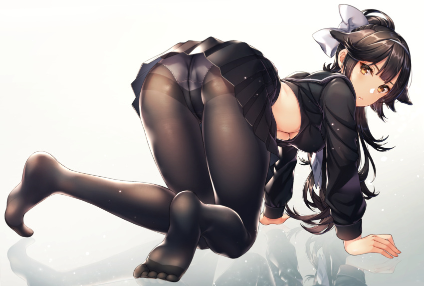 1girl, all_fours, animal_ears, ass, azur_lane, bangs, black_hair, black_legwear, black_serafuku, black_skirt, blush, bow, breasts, brown_legwear, closed_mouth, collarbone, crop_top, crop_top_overhang, crotch_seam, dog_ears, eyebrows_visible_through_hair, feet, from_behind, grey_background, hair_ears, hair_flaps, hairband, kitazume_kumie, large_breasts, light_particles, long_hair, long_sleeves, looking_at_viewer, looking_back, midriff, miniskirt, navel, neckerchief, no_bra, no_shoes, panties, panties_under_pantyhose, pantyhose, pleated_skirt, ponytail, reflection, school_uniform, serafuku, shiny, shiny_skin, sidelocks, simple_background, skirt, solo, takao_(azur_lane), thighband_pantyhose, thighs, under_boob, underwear, very_long_hair, white_bow, white_hairband, white_neckwear, white_panties, yellow_eyes