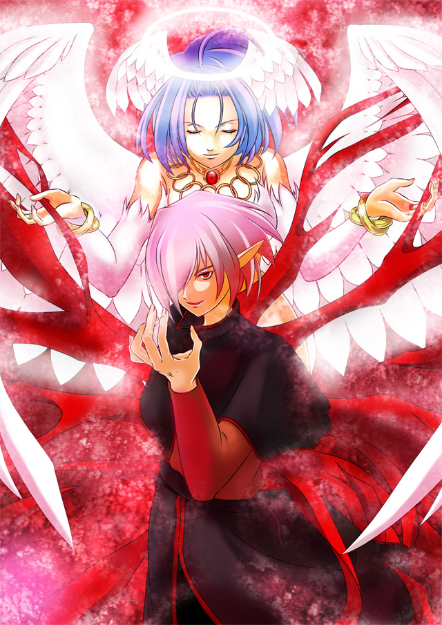 1boy, 1girl, blue_hair, breasts, bridal_gauntlets, commentary_request, dress, feathered_wings, filia_(star_ocean), gloves, lucifer_(star_ocean), pointy_ears, star_ocean, star_ocean_the_second_story, wings