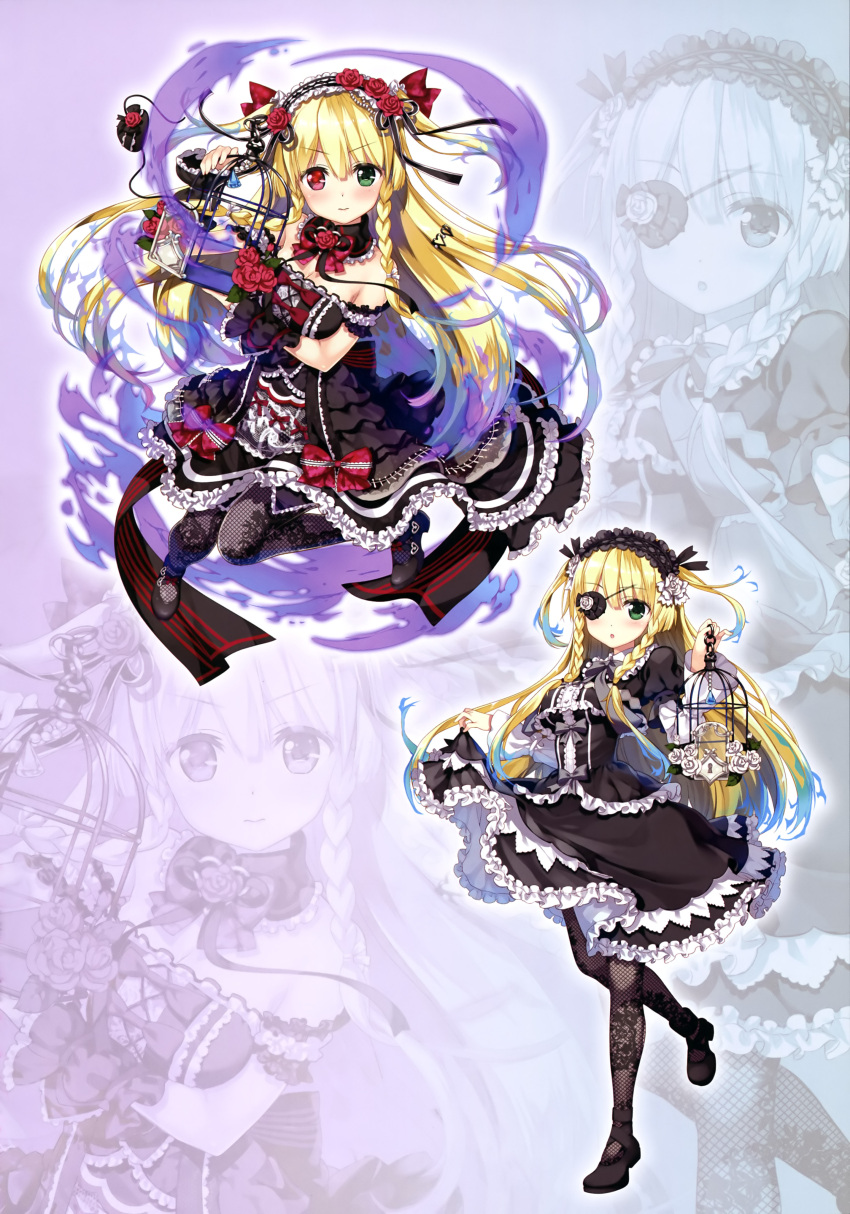 1girl, absurdres, bare_shoulders, birdcage, black_eyepatch, black_footwear, black_frills, black_hairband