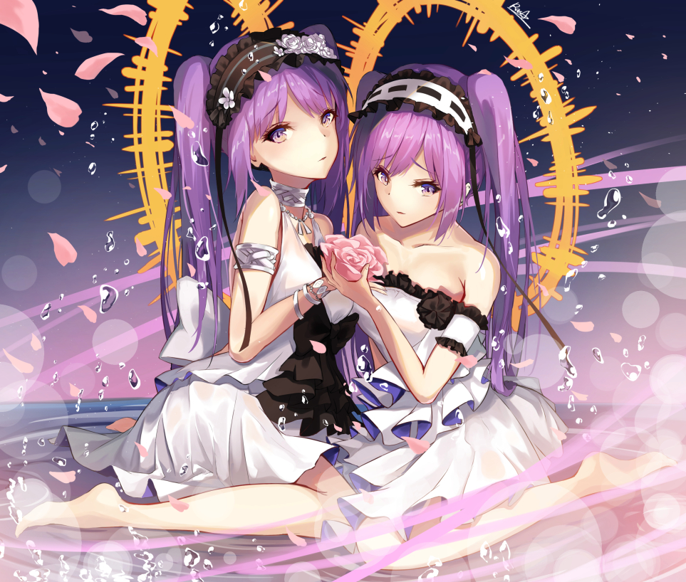 2girls, arm_strap, armlet, augu_(523764197), back_bow, barefoot, bow, choker