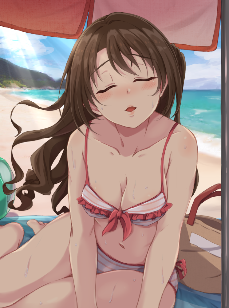 1girl, beach, bikini, blue_sky, blush, breasts, brown_hair, cleavage, closed_eyes, clouds, collarbone, day, eyebrows_visible_through_hair, floating_hair, frilled_bikini, frills, hair_between_eyes, idolmaster, idolmaster_cinderella_girls, long_hair, medium_breasts, navel, ocean, omochi_(k-on1991), open_mouth, outdoors, parasol, red_ribbon, ribbon, shimamura_uzuki, sitting, sky, solo, striped, striped_bikini, sunlight, swimsuit, umbrella, waiting_for_kiss