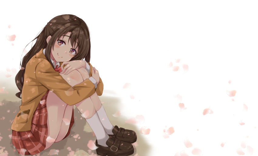 1girl, bow, bowtie, brown_eyes, brown_footwear, brown_hair, brown_jacket, cherry_blossoms