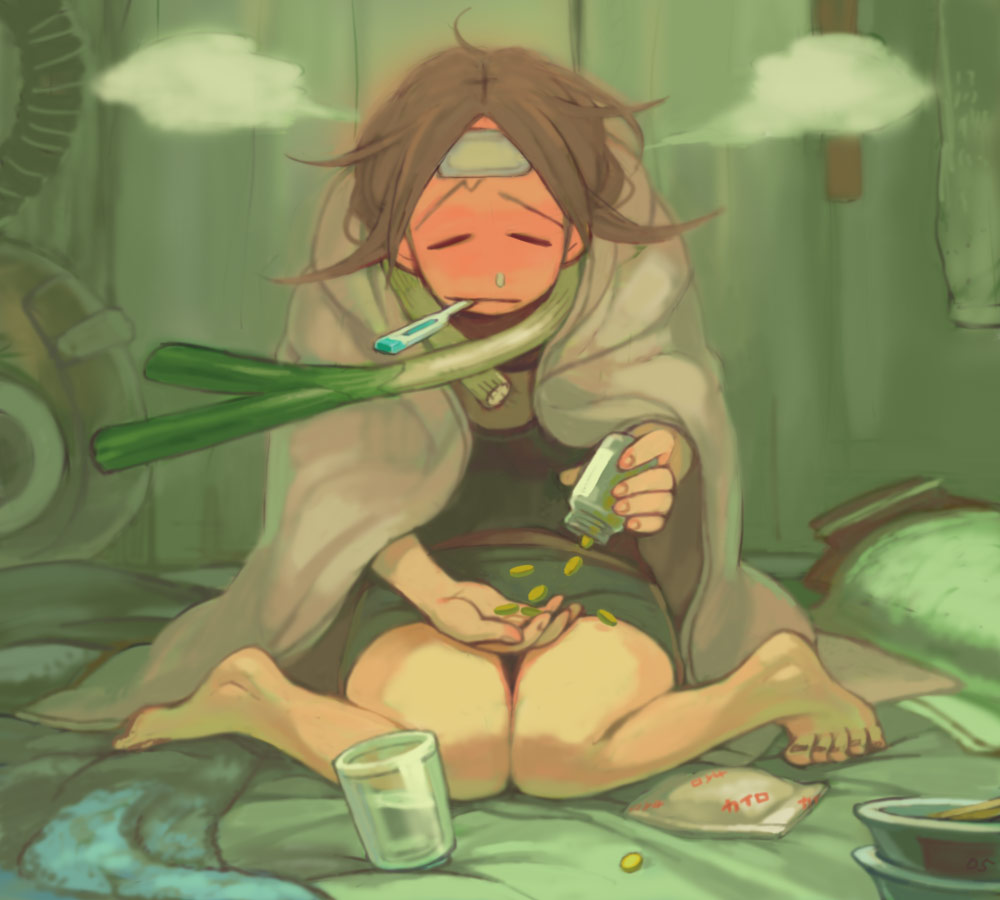 blush, feet, fever, iwamoto_james, kaitenroji, kneeling, medicine, onion_spring, sick, snot, spring_onion, thermometer