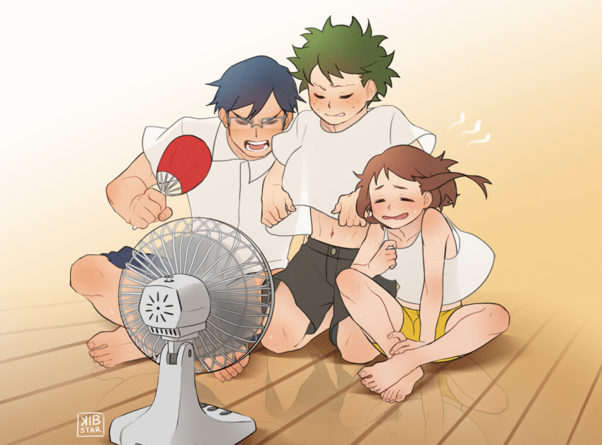 1girl, 2boys, animated, animated_gif, barefoot, blue_hair, blush, boku_no_hero_academia