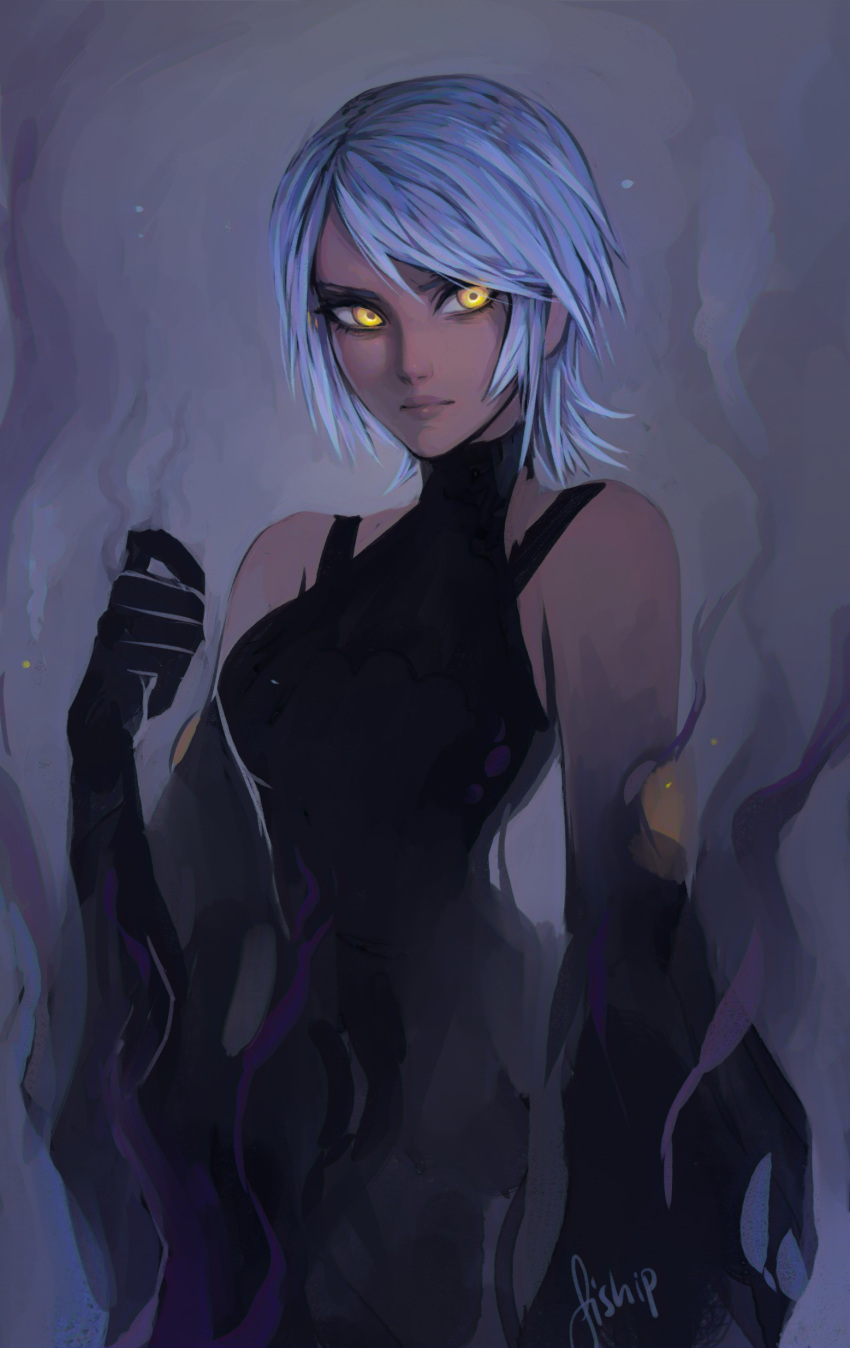1girl, absurdres, aqua_(kingdom_hearts), artist_name, aura, corruption, dark_aura, dark_skin