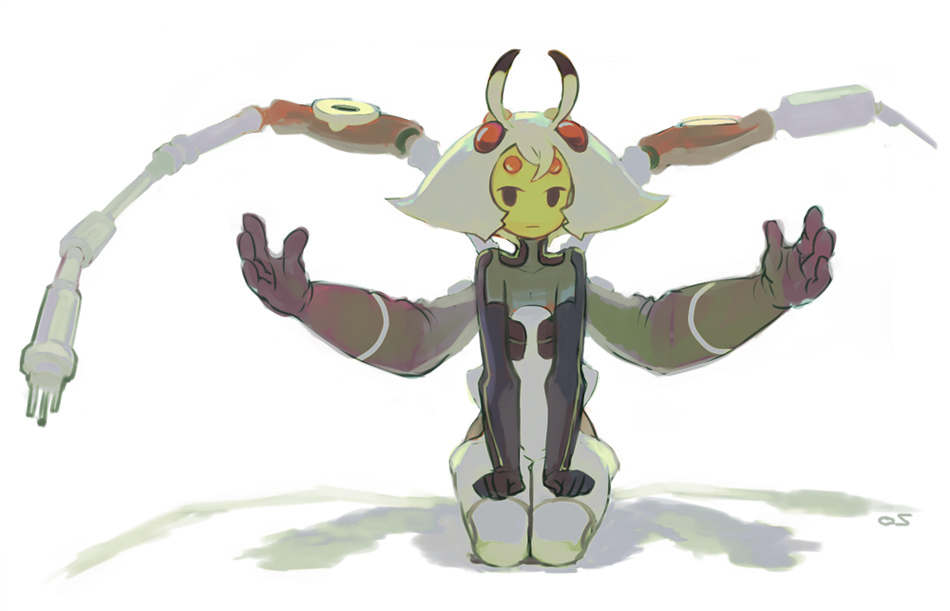 antenna, bodysuit, iwamoto_james, kaitenroji, kneeling, mecha_musume, monster_girl, multi_arm
