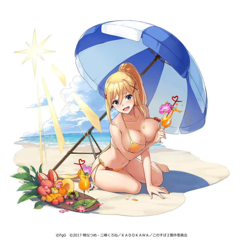 1girl, :d, absurdres, bangs, bare_shoulders, barefoot, beach, beach_umbrella