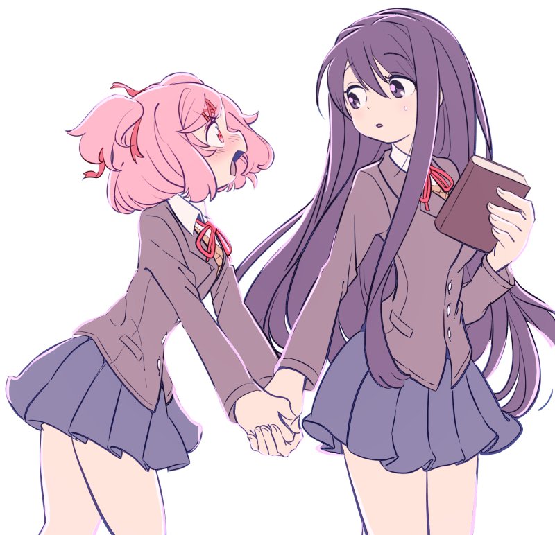 2girls, blue_skirt, blush, book, commentary, doki_doki_literature_club, eyebrows_visible_through_hair, hair_ornament