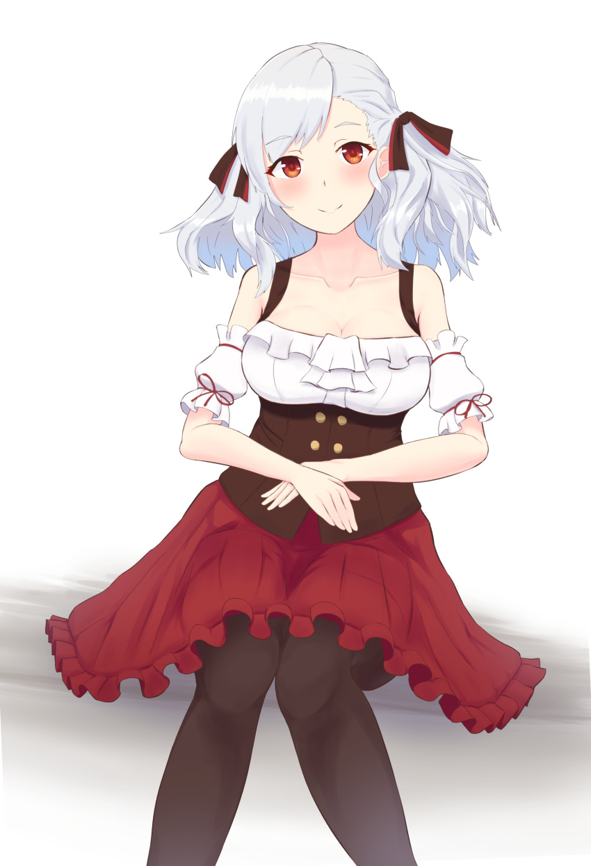 1girl, bakkasu150, bangs, bare_shoulders, blouse, blush, breasts, brown_legwear