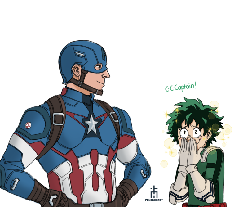 2boys, avengers, bodysuit, boku_no_hero_academia, captain_america, crossover, deku, freckles