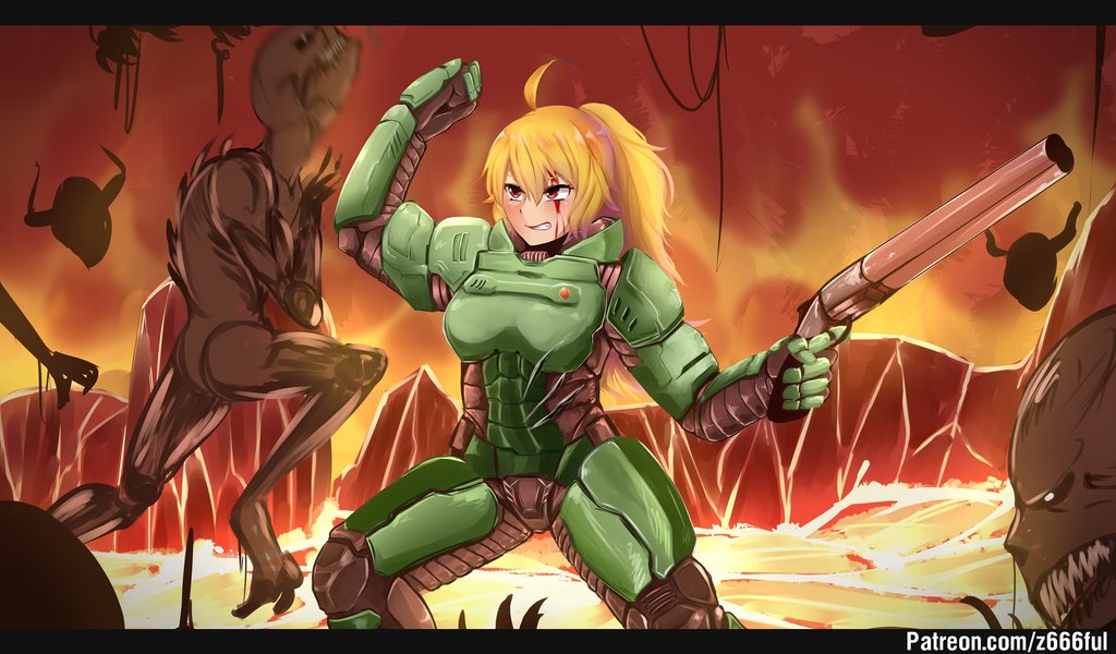 1girl, armor, blonde_hair, blood, blood_on_face, cosplay, crossover, demon