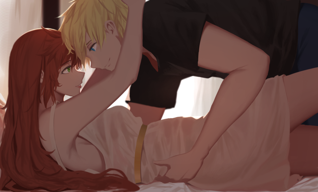 1boy, 1girl, arms_behind_back, arms_behind_head, bed, blonde_hair, blue_eyes, dishwasher1910, foreplay, green_eyes, hair_down, jaune_arc, pyrrha_nikos, redhead, rwby, smile