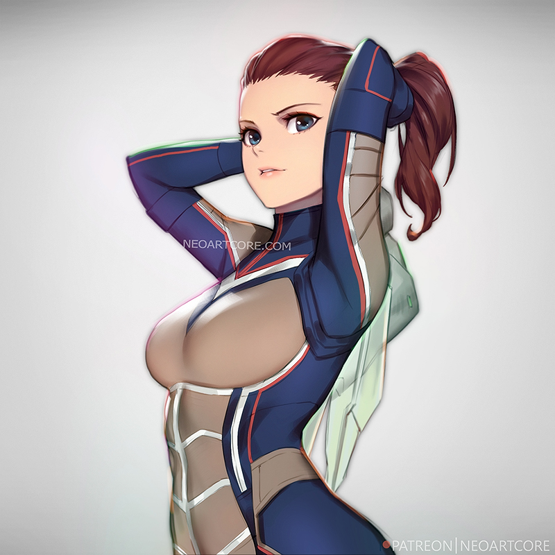 1girl, arms_up, blue_eyes, bodysuit, breasts, brown_hair, grey_background, hips, janet_van_dyne, light_smile, lips, long_hair, marvel, nudtawut_thongmai, parted_lips, ponytail, signature, solo, wasp_(marvel)