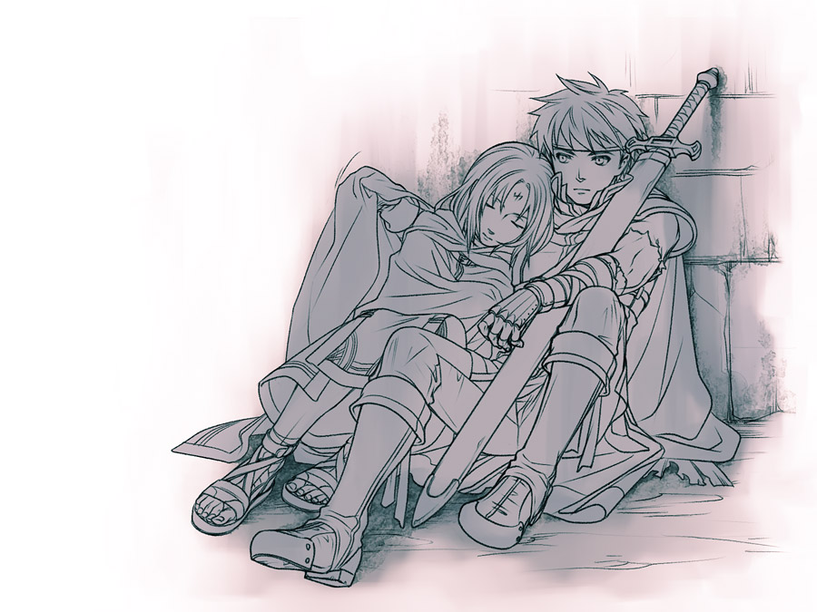 2boys, against_wall, bandage, bandanna, black_hair, boots, cape, facial_mark, fingerless_gloves, fire_emblem, fire_emblem:_souen_no_kiseki, gloves, ike, kobashi_(hodohodo), long_hair, monochrome, multiple_boys, ragnell, sandals, short_hair, shoulder_rest, sitting, sleeping, sleeping_on_person, soren, sword, weapon, yaoi