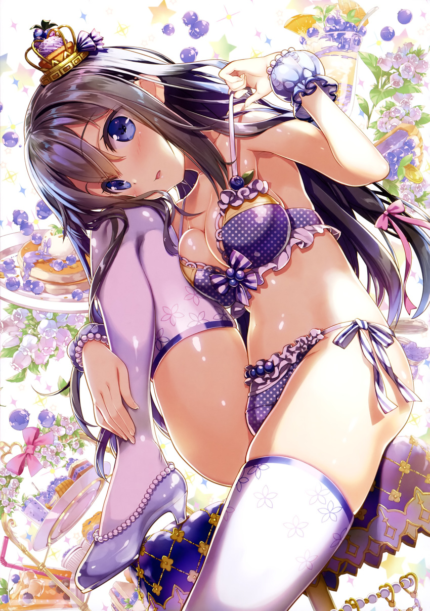 1girl, absurdres, armpits, ass, bare_shoulders, blue_bra, blue_eyes, blue_footwear