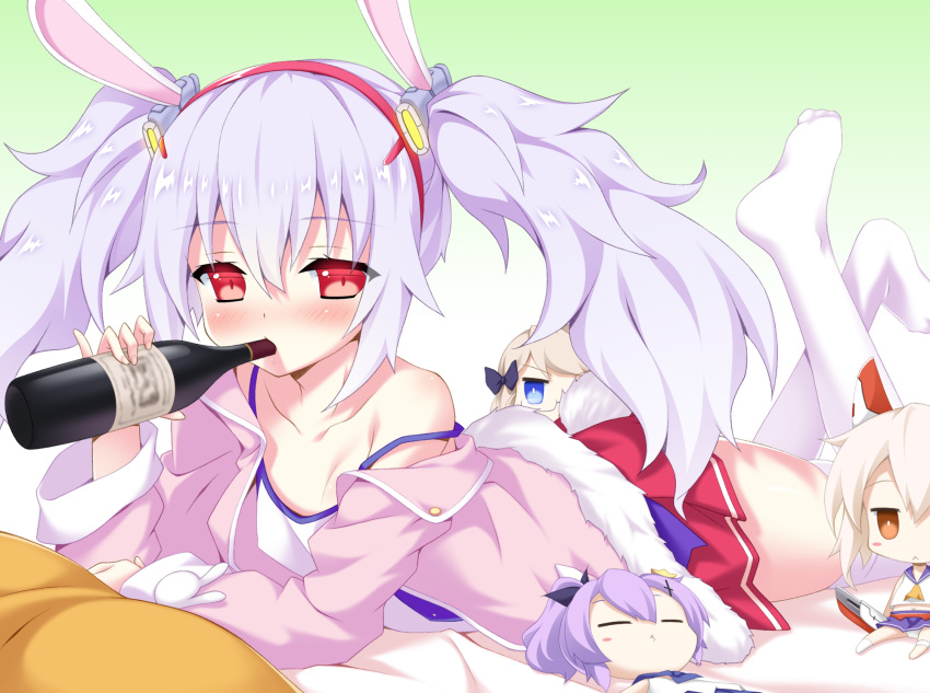 1girl, animal_ears, ayanami_(azur_lane), azur_lane, bangs, bed_sheet, blue_eyes, bottle, brown_eyes, camisole, character_doll, collarbone, commentary_request, drinking, eyebrows_visible_through_hair, fur-trimmed_jacket, fur_trim, hair_between_eyes, hair_ornament, hairband, headgear, highres, holding, holding_bottle, jacket, javelin_(azur_lane), laffey_(azur_lane), legs_up, light_brown_hair, long_hair, long_sleeves, lying, no_shoes, off_shoulder, on_stomach, open_clothes, open_jacket, pillow, pink_jacket, pleated_skirt, purple_hair, rabbit_ears, red_eyes, red_hairband, red_skirt, silver_hair, skirt, soles, solo, strap_slip, taira_takehiro, thigh-highs, twintails, very_long_hair, white_camisole, white_legwear, z23_(azur_lane)