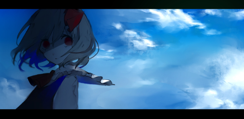 1girl, blonde_hair, blue_sky, clouds, dark, floating_hair, highres, letterboxed